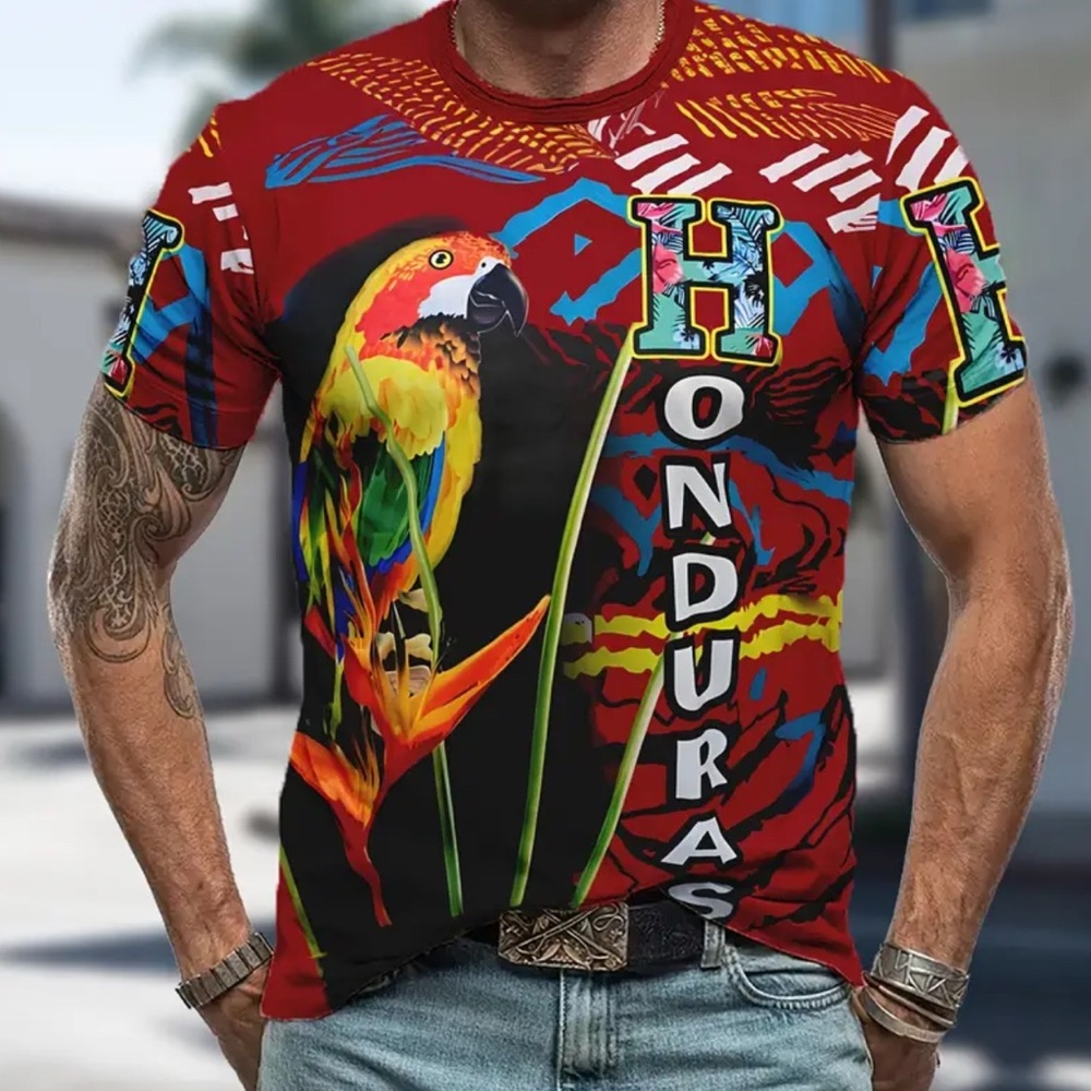 3D Parrot T-Shirt Men's Honduras Summer 3D T-Shirt - Vibrant Parrot & Geometric